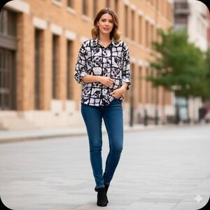 Alfred‎ Dunner Womens Black Shoe Handbag Print Sheer Button Up Shirt Blouse 18W